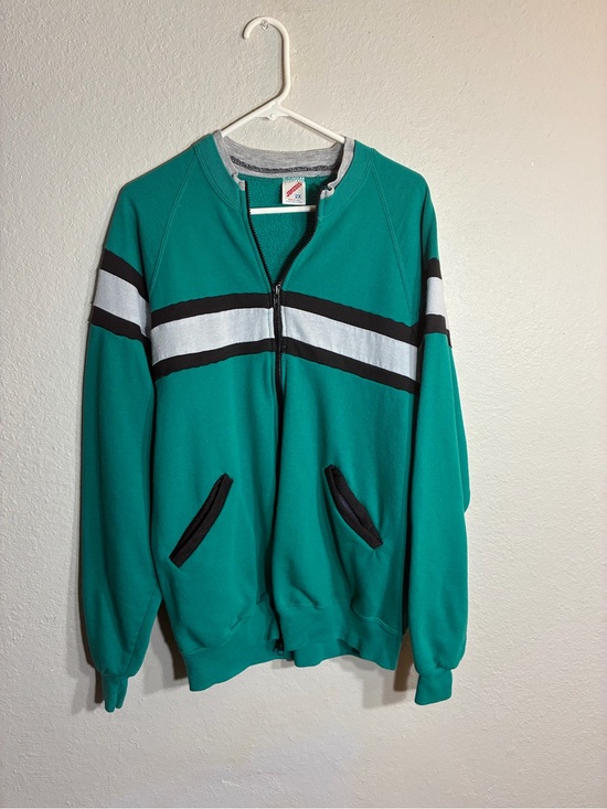 Jerzees Other - Jerzees Teal Zip-Up Sweatshirt with Black and Light Gray Stripes